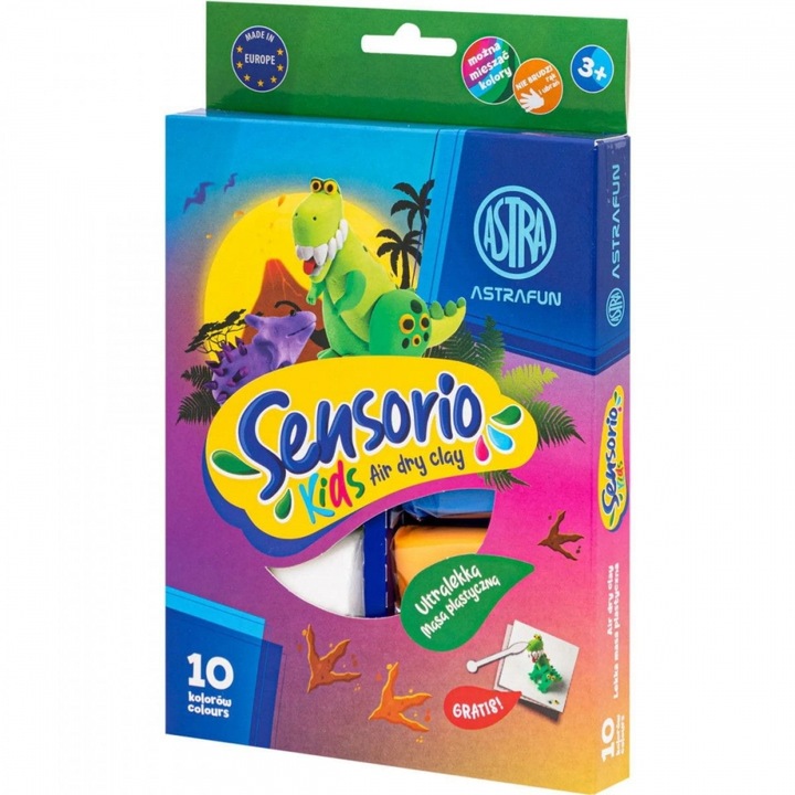 Комплект самовтърдяваща се глина (бъзросъхнеща), Astra, Sensorio Kids Dinosaurs, 10 цвята