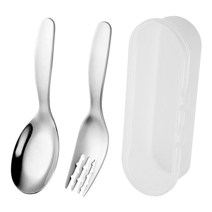 Set de 2 furculite si linguri pentru copii cu husa de calatorie pentru cutia de pranz, set de tacamuri din otel inoxidabil pentru copii