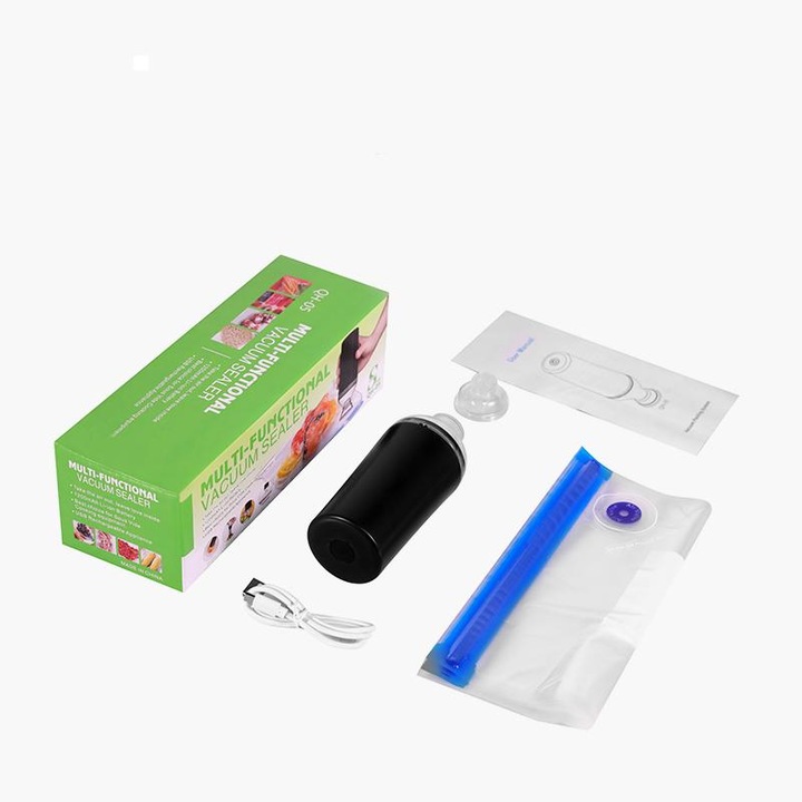 Handheld Aparat De Vidat Si Sigilat, Portabil, Automata, Reutilizabile, Extragerea rapida a aerului, Un comutator cu cheie, Decibel scazut, Super putere de aspirare, USB,5 Pungi Vidat Incluse, Negru