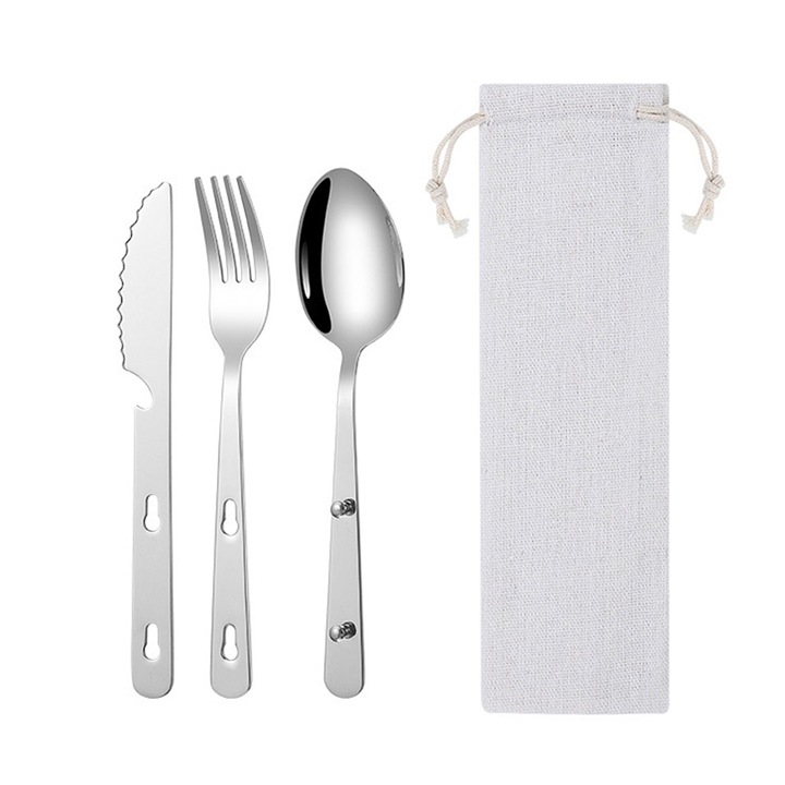 Set tacamuri camping QttvbTna, inox, cu husa, multifunctionale, argintiu