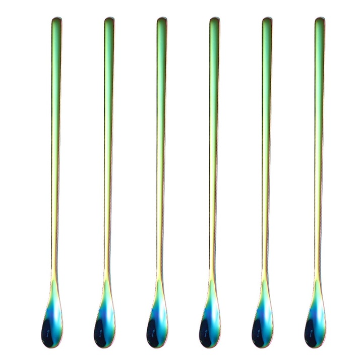Set 6 linguri de amestecat din otel inoxidabil, Cozevdnt, 22cm, pentru cocktailuri, ceai rece, multicolor