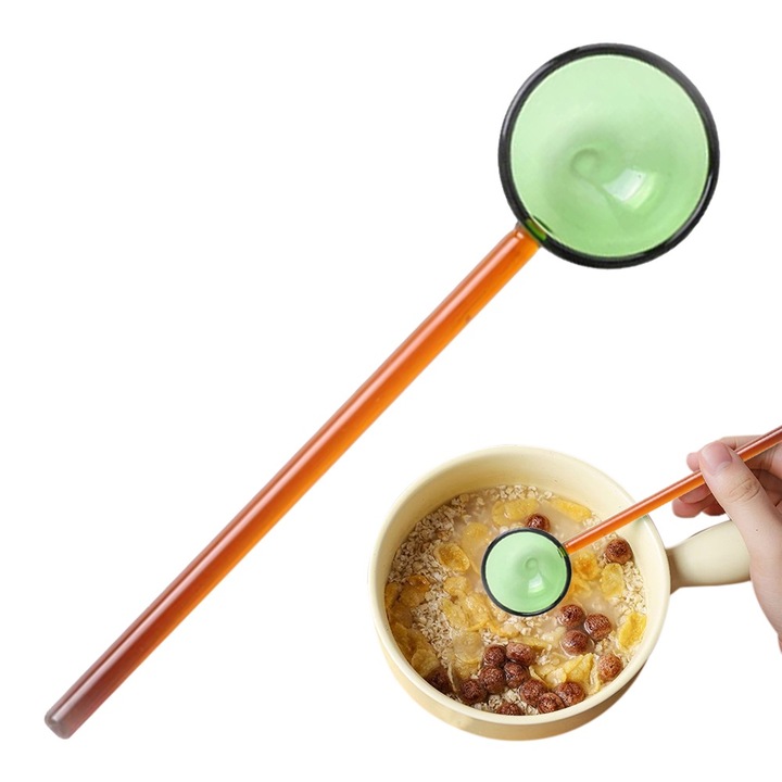 Lingura de sticla, BGHYHYHI, 16.5x4cm, design rotund, rezistent la caldura, verde/maro