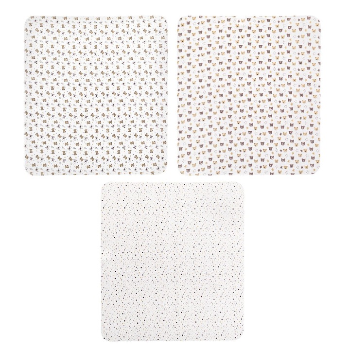 Pamut pelenkák, medvék és csillagok, fehér, bézs, 80x80cm - 3 db