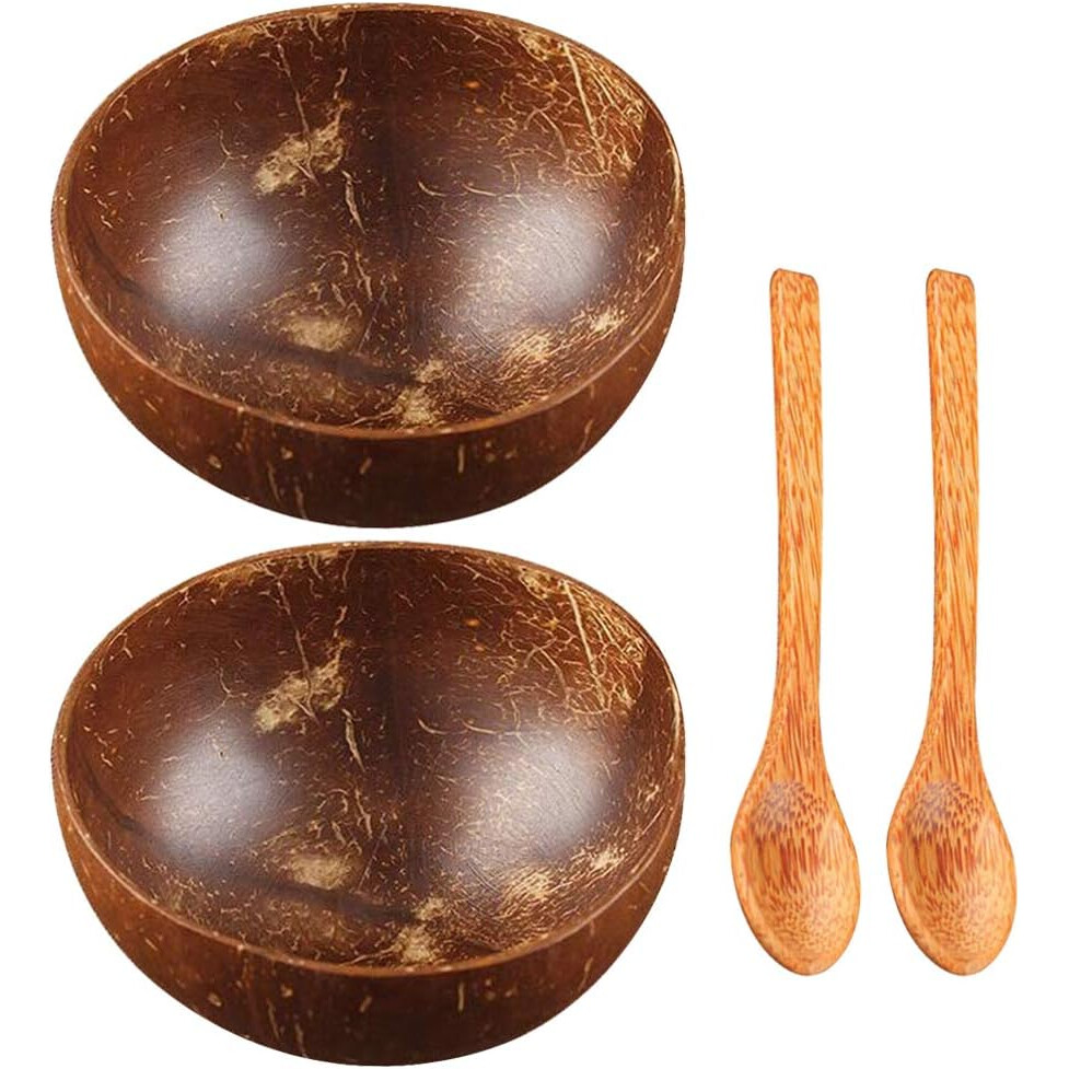 Set 2 boluri din nuca de cocos cu linguri, Cozevdnt,Maro