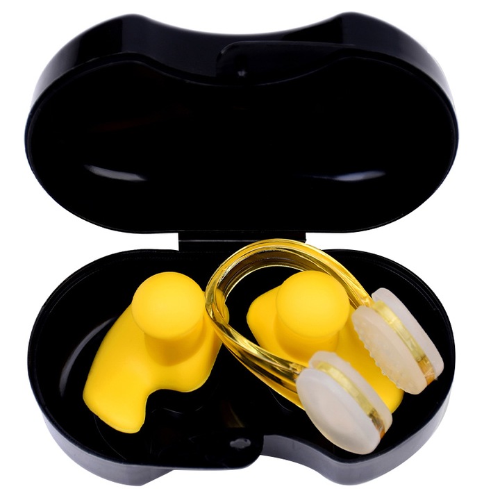 Set dopuri de urechi si clema de nas pentru inot, silicon, galben, 3.5x6.5cm