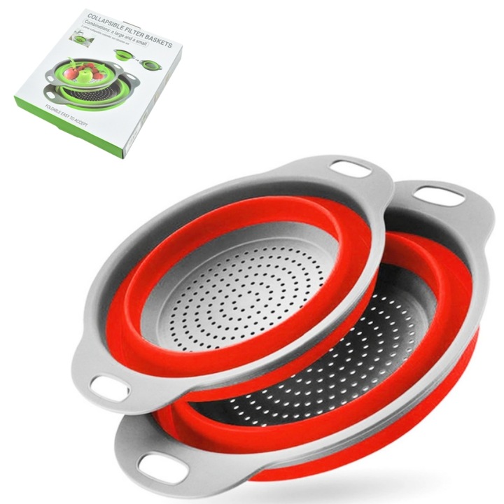 Set 2 strecuratori pliabile din silicon alimentar, cu manere, fund antiaderent si antialunecare, rotunda, doua dimensiuni, usor de depozitat, compatibil cu masina de spalat vase, rosu