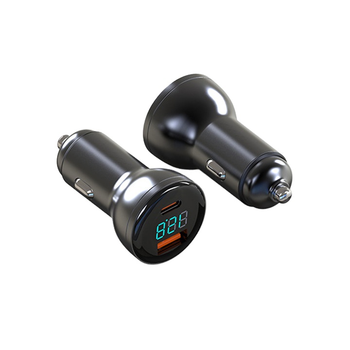 Autós töltő, gyors töltés 100W, Type C port, USB 3.0, feszültségfigyelő, alumínium, LED jelző