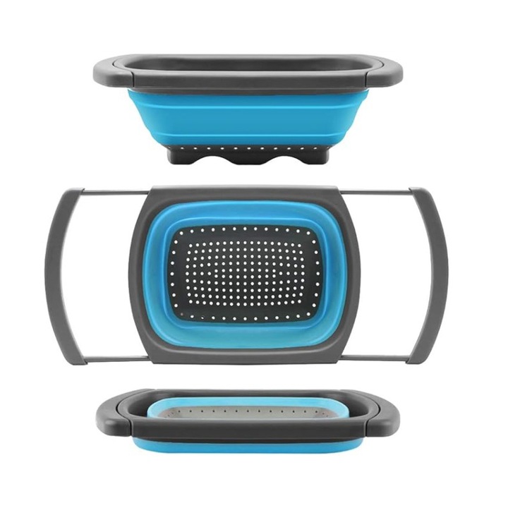 Strecuratore pliabila din silicon cu manere extensibile, capacitate mare, sita cu manere pentru chiuveta spalat fructe si legume/scurs paste, silicon, pliabil, manere reglabile, albastru