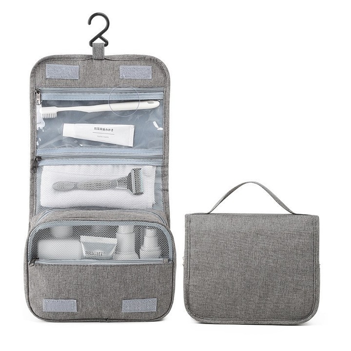 Geanta cosmetice voiaj, material panza, impermeabil, 3 compartimente, cu agatatoare, Gri, 47 x 28 x 20 cm, Avaleea