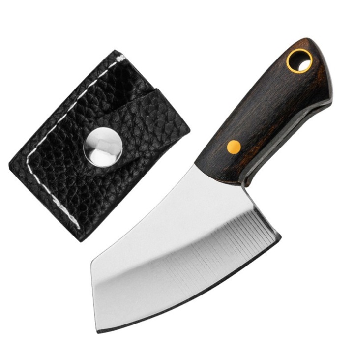 Мини нож за готвач с верижка и кания, дърво/стомана, 5 см, сив/черен