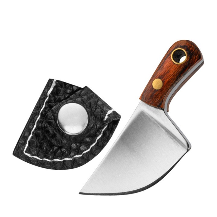 Мини мултифункционален нож, кафяво дърво, сива неръждаема стомана, 5 см