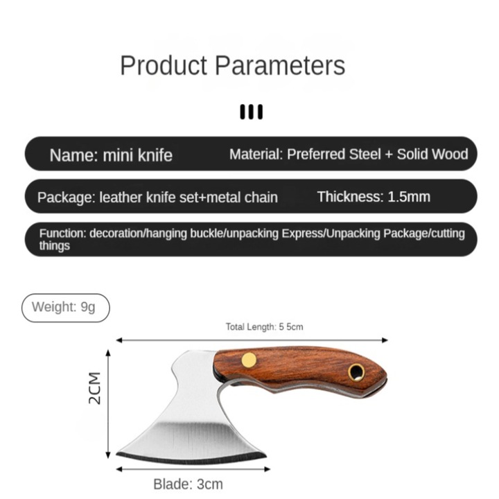 Briceag Mini, Lemn, Etui din Piele PU, Multifunctional, Inox, Multicolor, 5cm