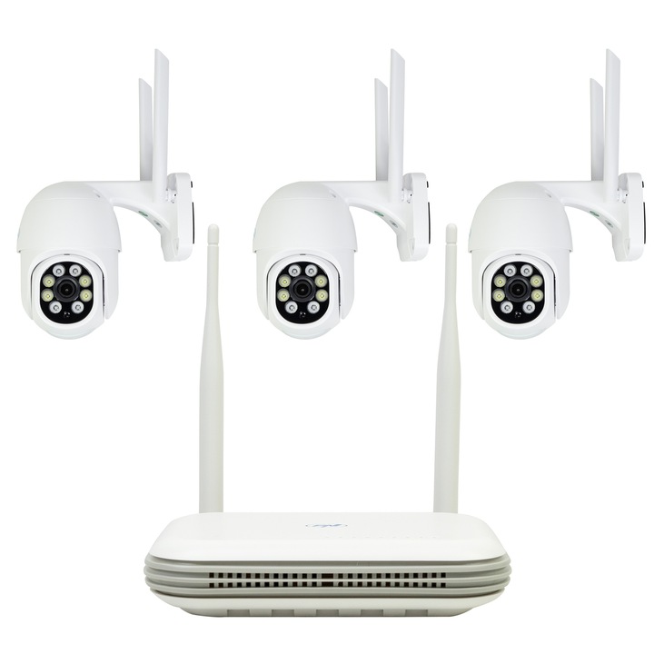 Kit supraveghere video wireless PNI House WiFi800 NVR si 3 camere PNI IP840 de exterior, 8MP, 4K, IP65