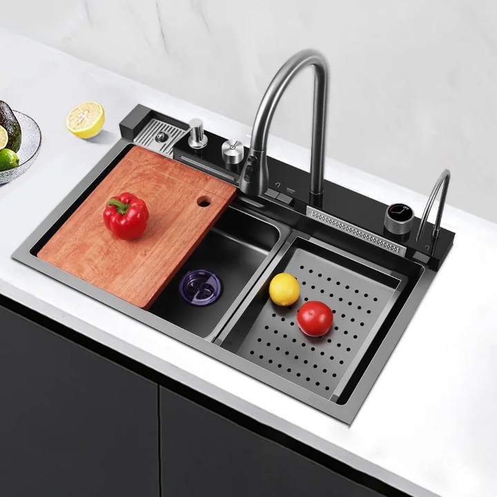 Chiuveta retractabila multifunctionala din inox 304, 750x460x220mm, BLIOTE Premium, dus extractabil 3 tipuri de jet apa, 4 functii incluse, butoane tip piano, accesorii incluse, Negru