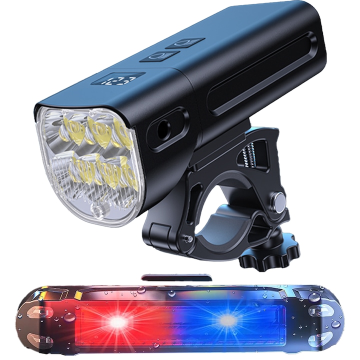 Set Lumini Bicicleta Fata / Spate cu 5 Moduri de Functionare, 1500 Lumeni, Reincarcabil USB-C, 5200 mAh, Functie Power Bank, Faza Lunga, Faza Scurta, Lumina Spate Rosie / Albastra, Rezistent la Apa IPX6, Display LCD, Negru