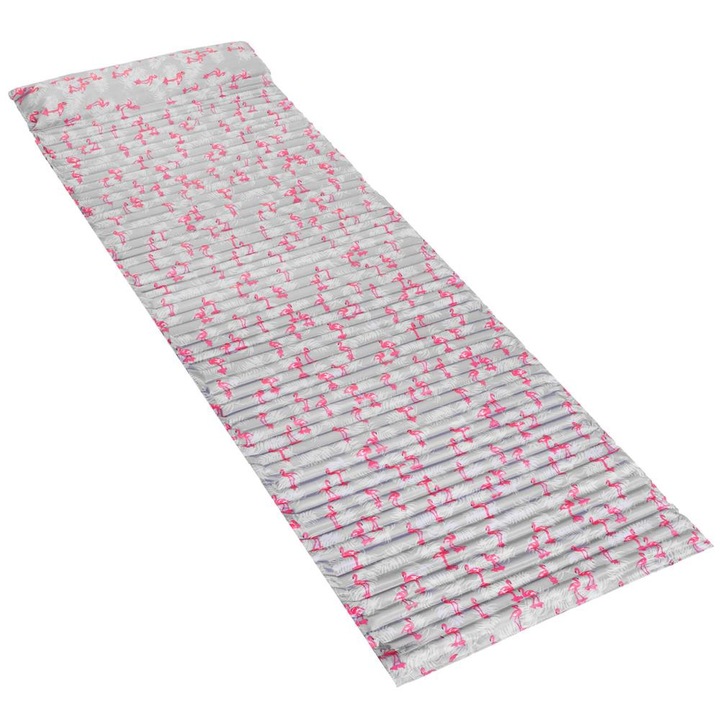Összecsukható strandmatrac, habszivacs, ultrakönnyű, párnával és hordozó fogantyúval, 60x180cm, rózsaszín flamingó szürke