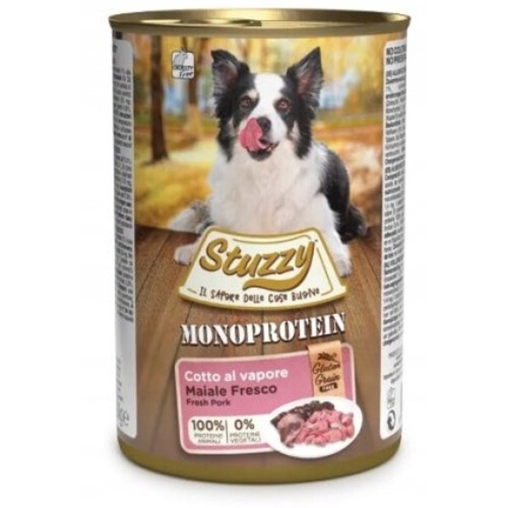 Hrana pentru caini Stuzzy, Monoproteina, Porc organic, 70% carne proaspata, 400g