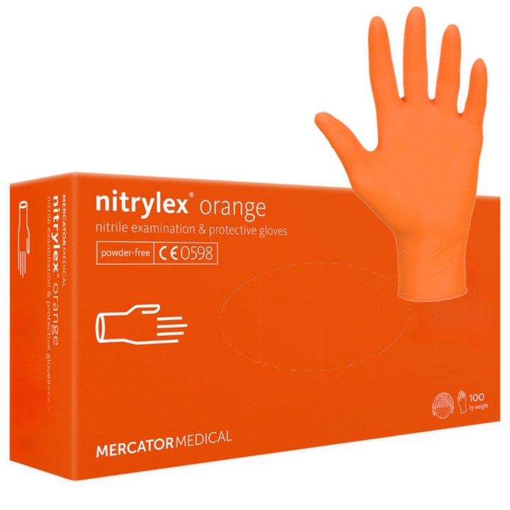 Set 100 Manusi examinare nitril nepudrate, Grosime 3.5G, Nitrylex Mercator, Portocalii, Marime M (8)
