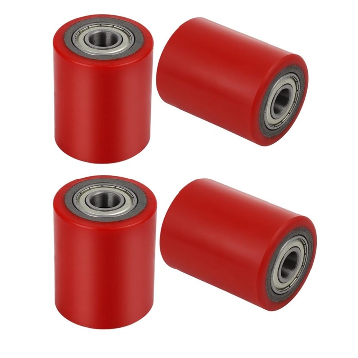 Set 4 Roti pentru Transpalet Manual, Poliuretan, 80x70mm, Diametru interior 20mm, Rosu