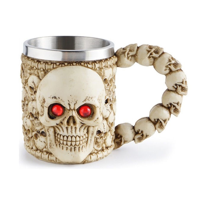 Pahar de Halloween, Model craniu, otel inoxidabil/rasina, alb