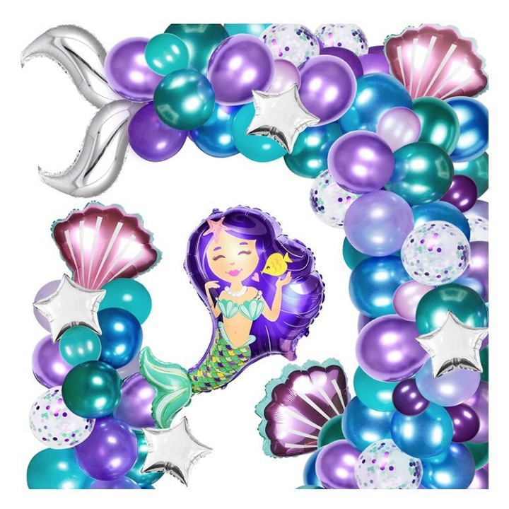 Sellő léggömb készlet, 134 latex lufi és alufólia, Assembly készlet, Lila/zöld