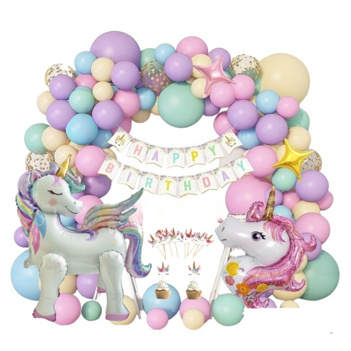 Egyszarvú lufi készlet, 160 kiegészítő, 139 latex lufi és különböző formájú és méretű alufólia, 1 Boldog születésnapot banner, 12 tortadísz, Szerelőkészlet, Lila/rózsaszín