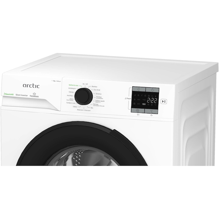 Masina de spalat rufe Arctic APLM1WFSU18410W, 8 Kg, 1400 RPM, Clasa A, Motor Silent Inverter, Recycled Tub, Fast/Intensive, Steam, Prewash, Child Lock, Add-In, Alb