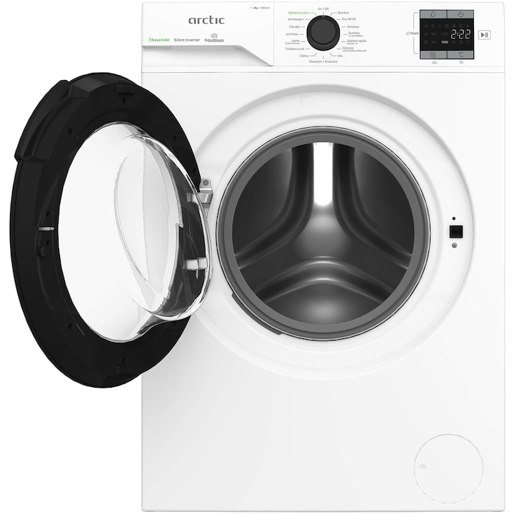 Masina de spalat rufe Arctic APLM1WFSU18410W, 8 Kg, 1400 RPM, Clasa A, Motor Silent Inverter, Recycled Tub, Fast/Intensive, Steam, Prewash, Child Lock, Add-In, Alb