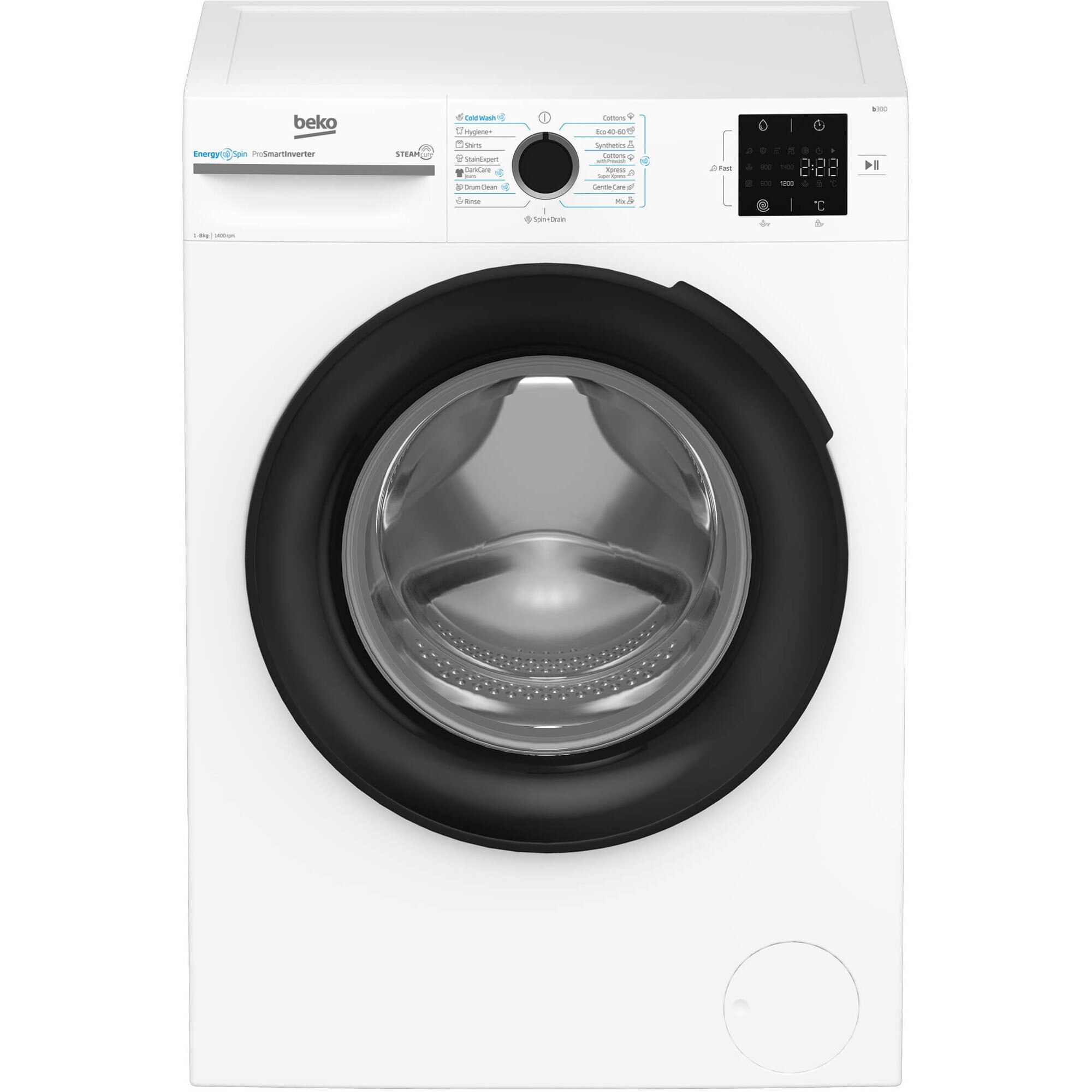 Masina de spalat rufe Beko BM3WFSU38413WB, 8 Kg, 1400 RPM, Clasa A, SteamCure, Recycled Tub, ProSmart Inverter Motor, AddXtra, WaterMode, ColdWash, Alb