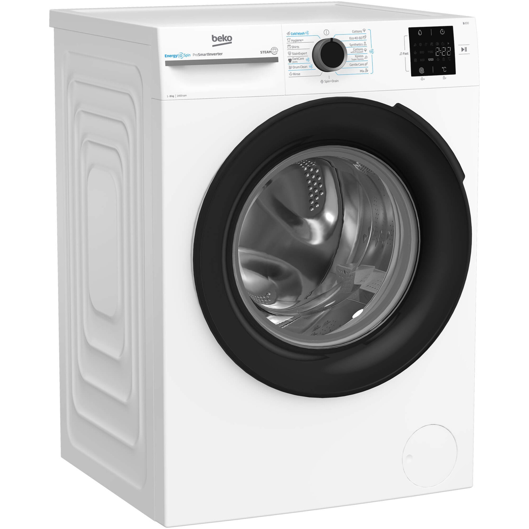 Masina de spalat rufe Beko BM3WFSU38413WB, 8 Kg, 1400 RPM, Clasa A, SteamCure, Recycled Tub, ProSmart Inverter Motor, AddXtra, WaterMode, ColdWash, Alb