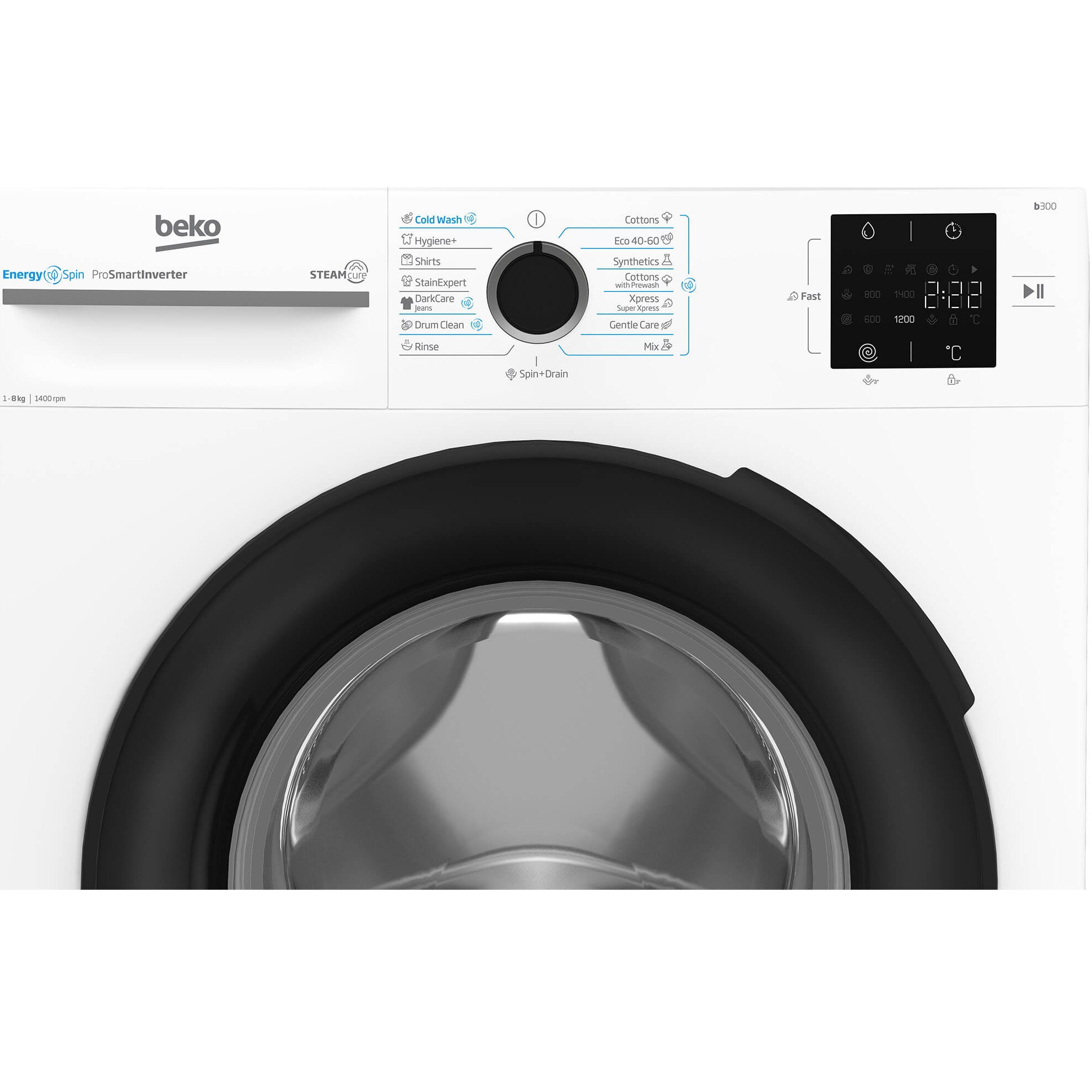Masina de spalat rufe Beko BM3WFSU38413WB, 8 Kg, 1400 RPM, Clasa A, SteamCure, Recycled Tub, ProSmart Inverter Motor, AddXtra, WaterMode, ColdWash, Alb