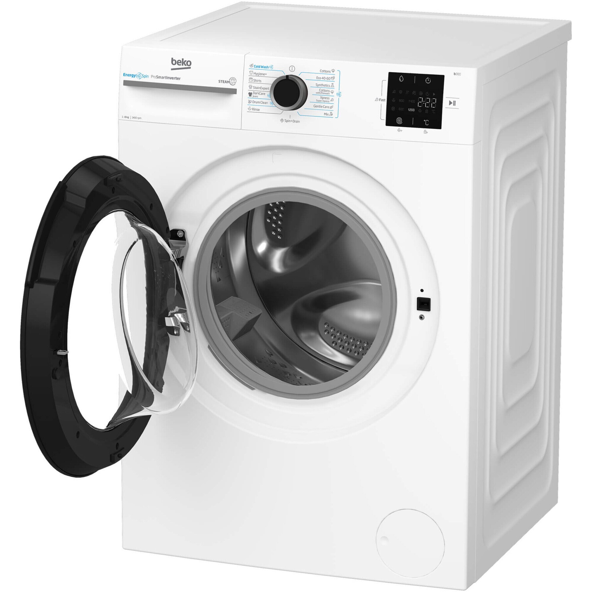 Masina de spalat rufe Beko BM3WFSU38413WB, 8 Kg, 1400 RPM, Clasa A, SteamCure, Recycled Tub, ProSmart Inverter Motor, AddXtra, WaterMode, ColdWash, Alb
