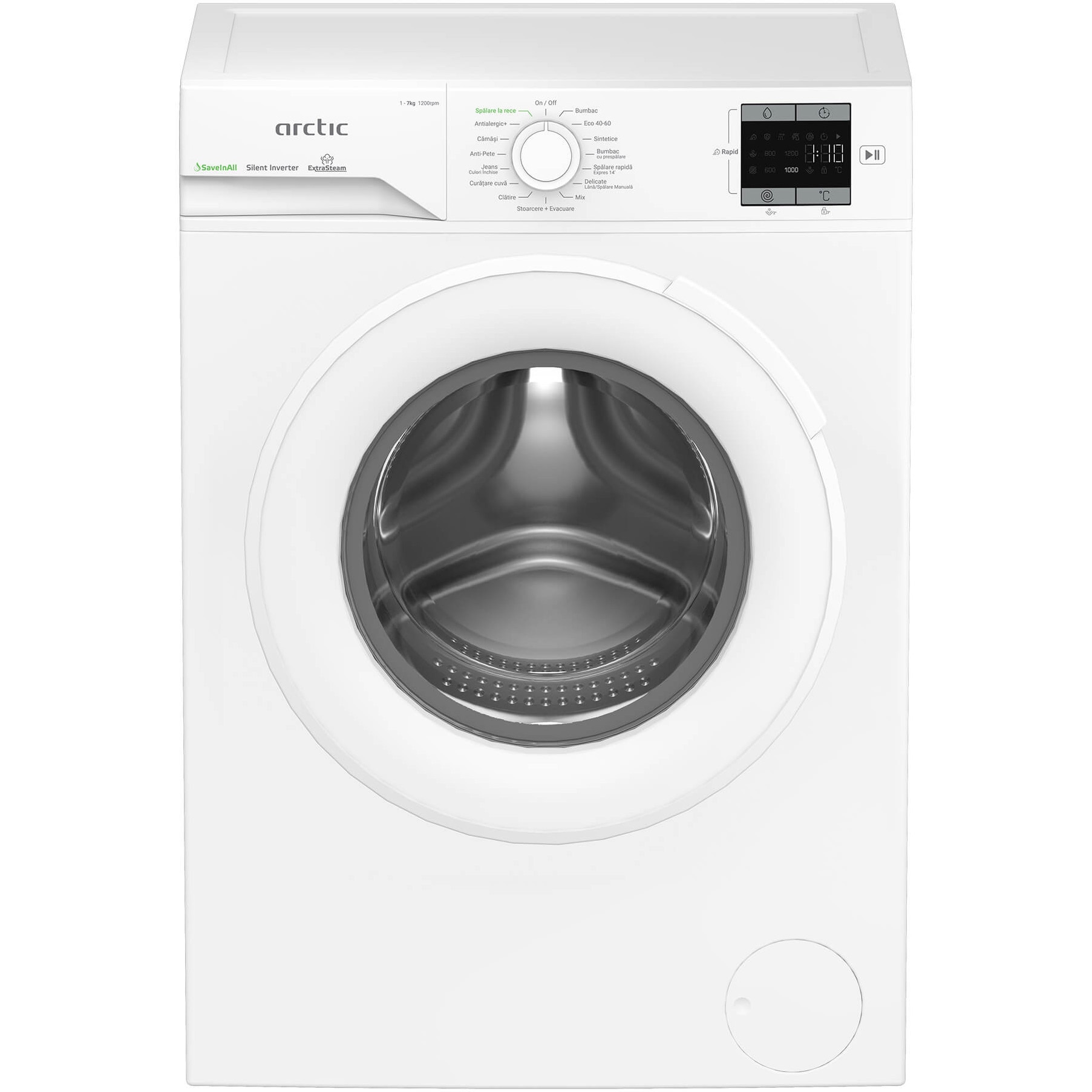 Masina de spalat rufe Arctic APLM1WFSU17210W, 7 Kg, 1200 RPM, Clasa energetica A, Motor Silent Inverter, ExtraSteam, IronExpress, Recycled Tub, Fast/Intensive, Steam, WaterMode (Water Saving - Extra Rinse), Prewash, Child Lock, Add-In, Alb