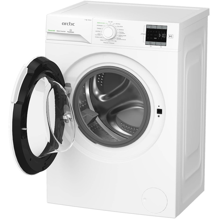 Masina de spalat rufe Arctic APLM1WFSU17210W, 7 Kg, 1200 RPM, Clasa energetica A, Motor Silent Inverter, ExtraSteam, IronExpress, Recycled Tub, Fast/Intensive, Steam, WaterMode (Water Saving - Extra Rinse), Prewash, Child Lock, Add-In, Alb