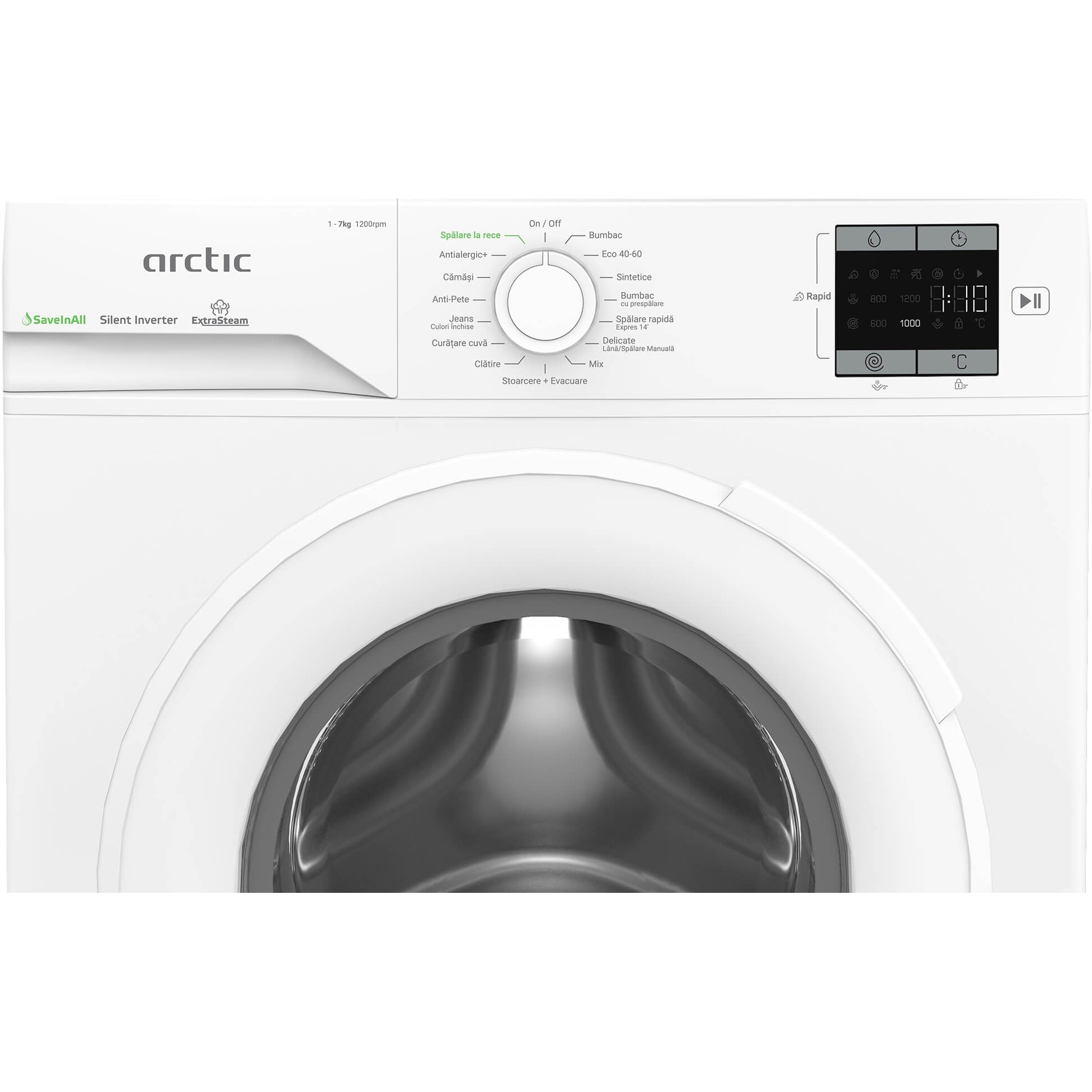 Masina de spalat rufe Arctic APLM1WFSU17210W, 7 Kg, 1200 RPM, Clasa energetica A, Motor Silent Inverter, ExtraSteam, IronExpress, Recycled Tub, Fast/Intensive, Steam, WaterMode (Water Saving - Extra Rinse), Prewash, Child Lock, Add-In, Alb