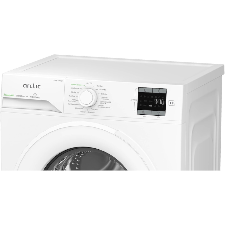 Masina de spalat rufe Arctic APLM1WFSU17210W, 7 Kg, 1200 RPM, Clasa energetica A, Motor Silent Inverter, ExtraSteam, IronExpress, Recycled Tub, Fast/Intensive, Steam, WaterMode (Water Saving - Extra Rinse), Prewash, Child Lock, Add-In, Alb