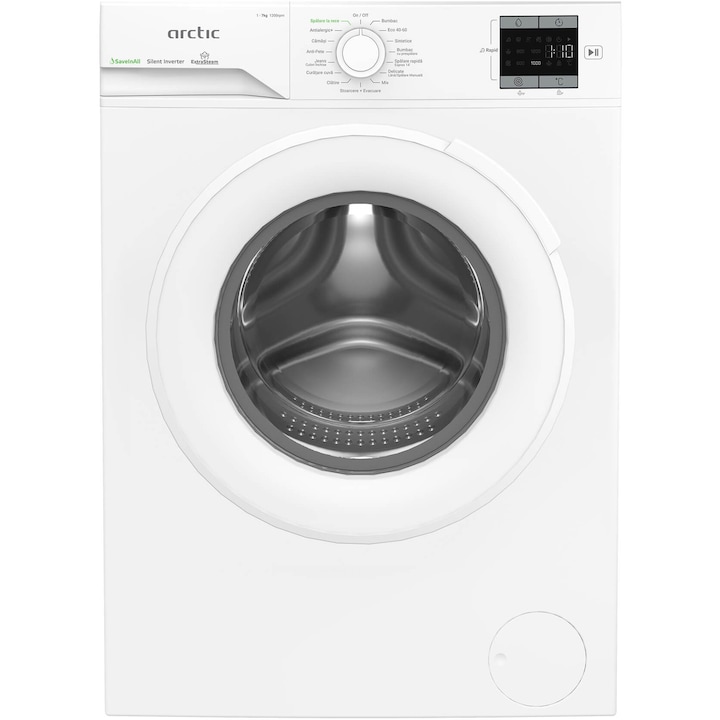 Masina de spalat rufe Arctic APLM1WFSU17210W, 7 Kg, 1200 RPM, Clasa energetica A, Motor Silent Inverter, ExtraSteam, IronExpress, Recycled Tub, Fast/Intensive, Steam, WaterMode (Water Saving - Extra Rinse), Prewash, Child Lock, Add-In, Alb