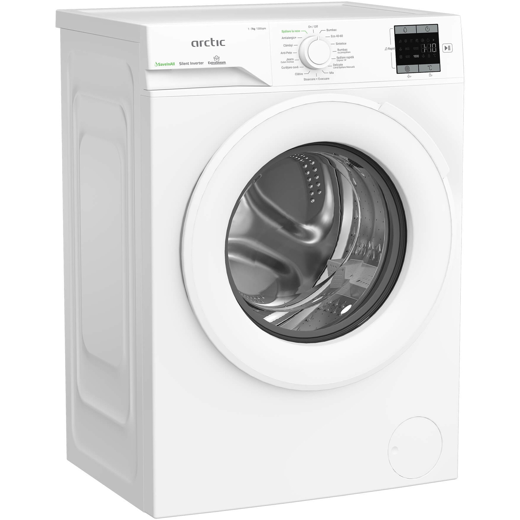 Masina de spalat rufe Arctic APLM1WFSU17210W, 7 Kg, 1200 RPM, Clasa energetica A, Motor Silent Inverter, ExtraSteam, IronExpress, Recycled Tub, Fast/Intensive, Steam, WaterMode (Water Saving - Extra Rinse), Prewash, Child Lock, Add-In, Alb