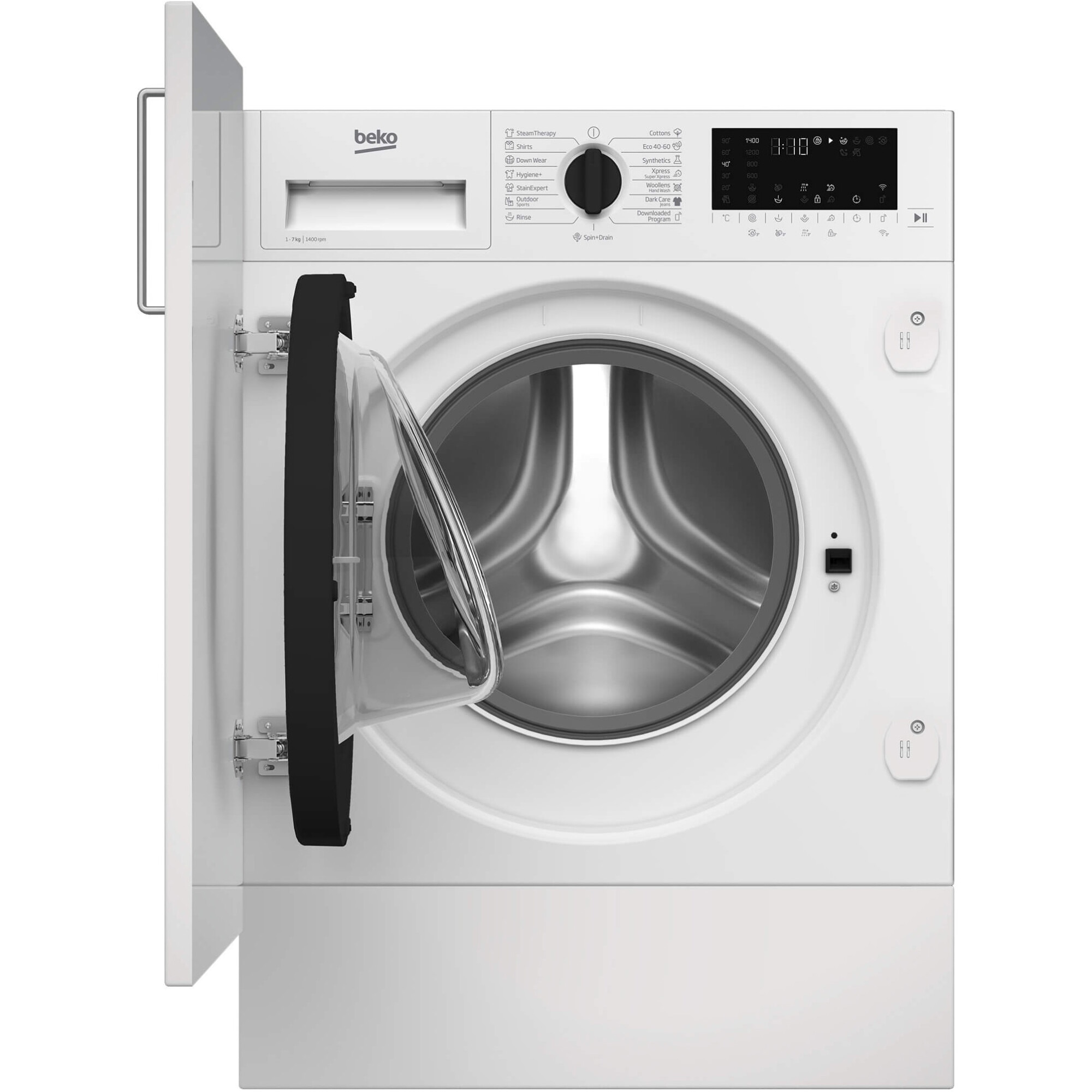 Masina de spalat rufe incorporabila Beko BI5WBT671415W, 7 kg, 1400 rpm, SteamCure, Motor ProSmart Inverter, AddXtra, Hygiene+Steam, Silent Tech,SteamCure, Recycled Tub, Homewhiz through WiFi, Clasa A, Display LED, Alb