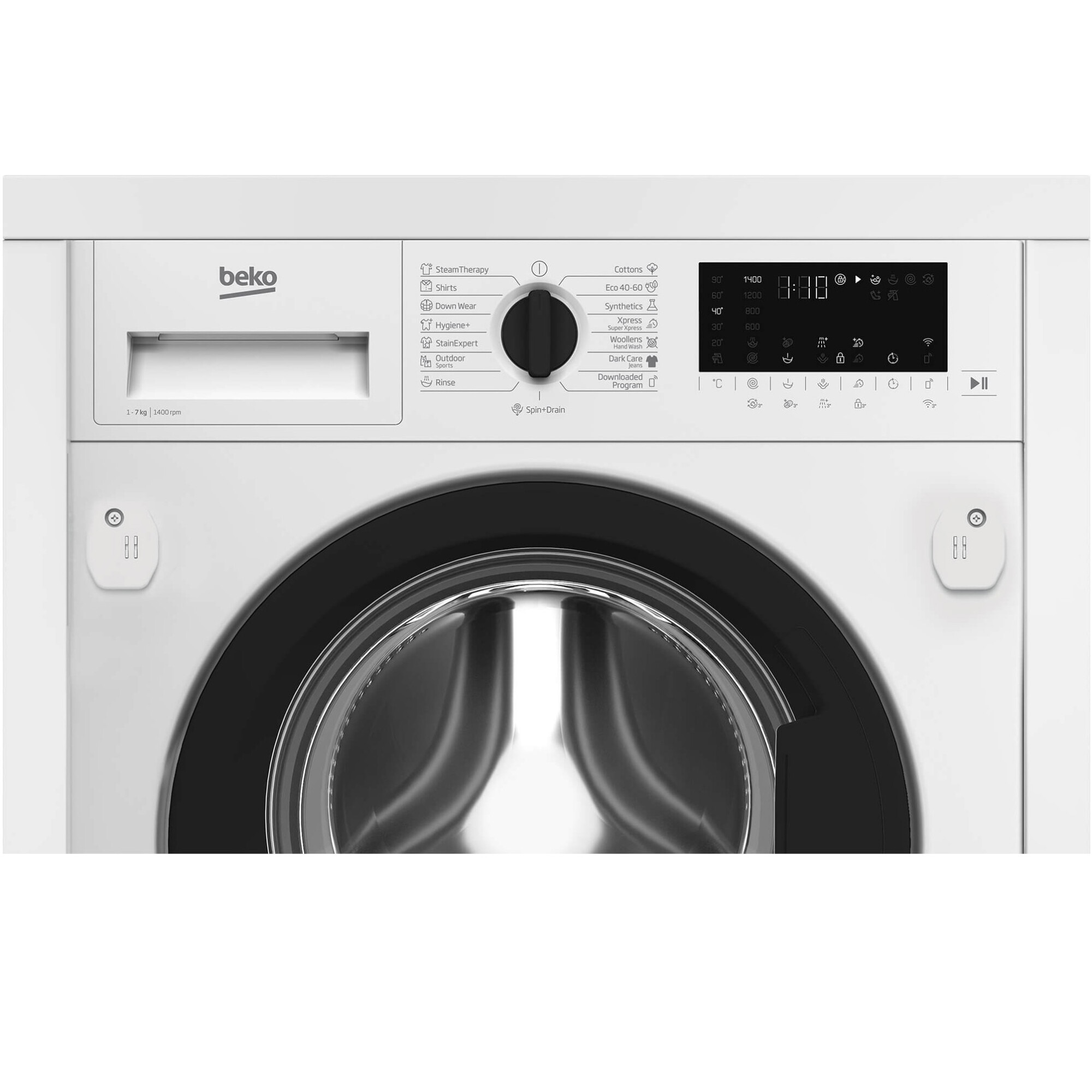 Masina de spalat rufe incorporabila Beko BI5WBT671415W, 7 kg, 1400 rpm, SteamCure, Motor ProSmart Inverter, AddXtra, Hygiene+Steam, Silent Tech,SteamCure, Recycled Tub, Homewhiz through WiFi, Clasa A, Display LED, Alb