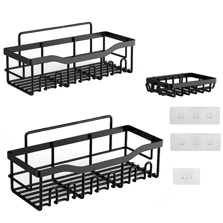 Set 3 Rafturi De Dus Pentru Baie, Zggzerg, Etajera de colt pentru baie, Cu adeziv, Suport pentru sapun, Fara gaurire, Anti rugina, Capacitate maxima de incarcare 20 kg, Usor de instalat si demontat, Otel carbon, Negru