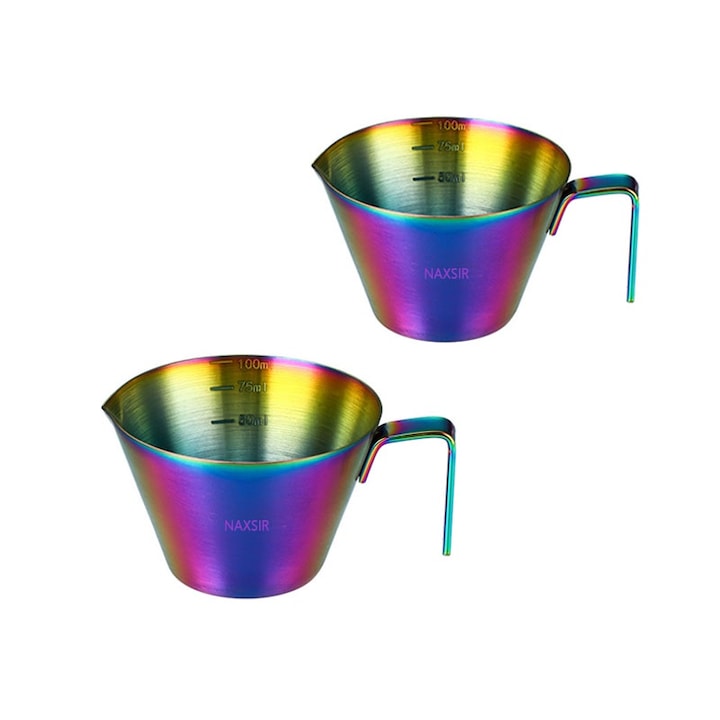 Set 2 Cana de espresso, NAXSIR, cu gradatie, cu maner si cioc, inox 304, usor de curatat, multicolour