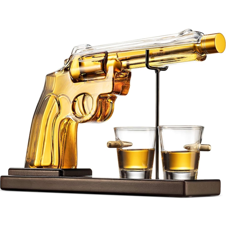 Комплект гарафи Elindor® Wiskey, с 2 елегантни чаши Bullet Design, Pistol Design, дървена поставка, обем 325 ml, ръчна изработка, прозрачен