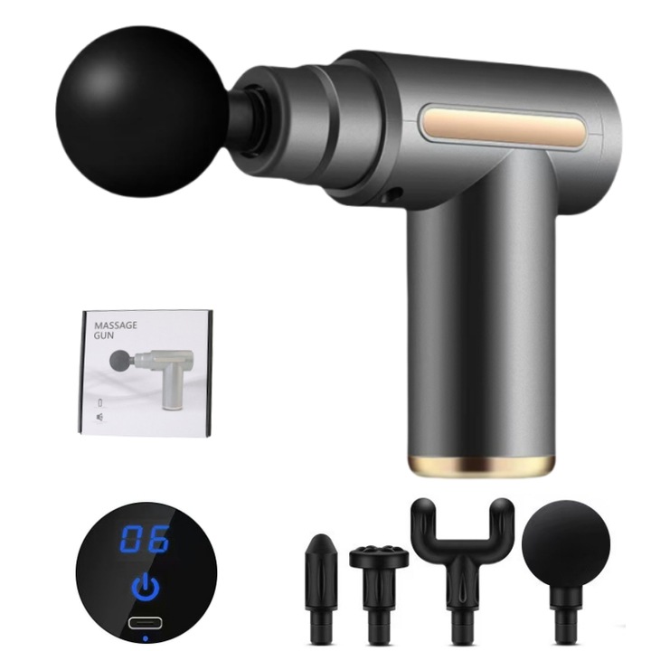 Уред за масаж, 4 глави, 6 скорости, LCD екран, 1800mAh, USB зареждане, с чанта за съхранение, за релаксация и тонизиране на мускулите, сив