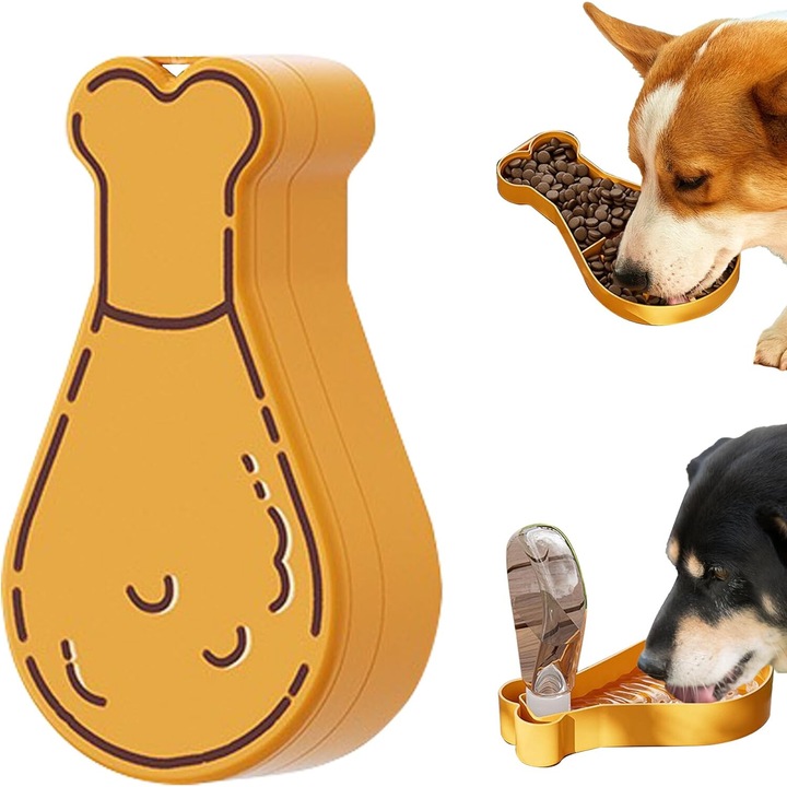 Hordozható kutya vizes palack ételtartóval, 2 az 1-ben, nem szivárog, "Csirkecomb" kivitel, 18x9,4 cm