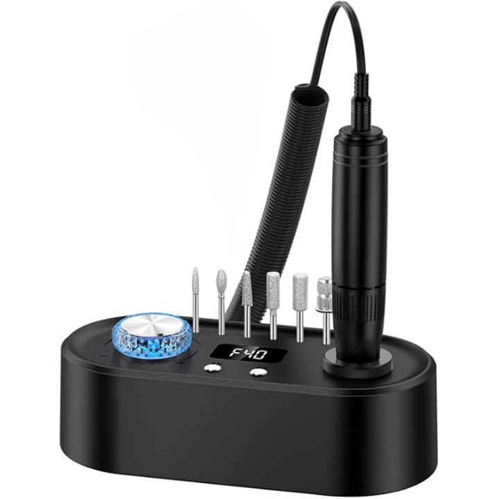 Професионална пила за нокти, електрическа пила за маникюр-педикюр, 40 000 об/мин, 7 глави за пила, LCD екран, ергономичен дизайн, черна