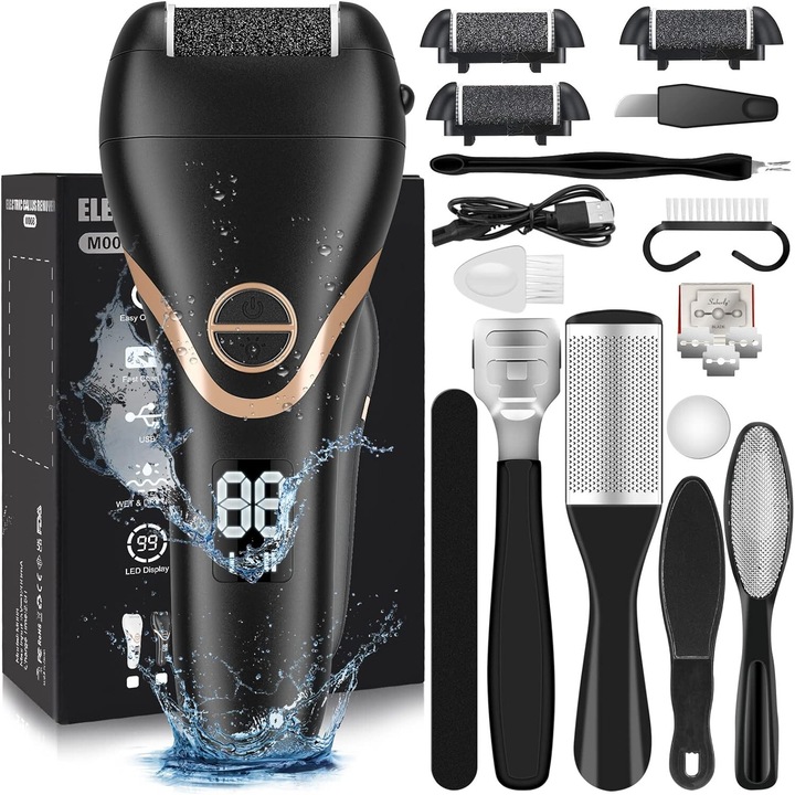 Pila Electrica pentru Talpi si Calcaie Ewenta® SILKFEET, Afisaj Digital, Acumulator 1200mAh, Incarcare USB, Rezistenta la Apa IPX7, 3 Role, Aparat pentru Indepartare Piele Moarta, Culoare Negru