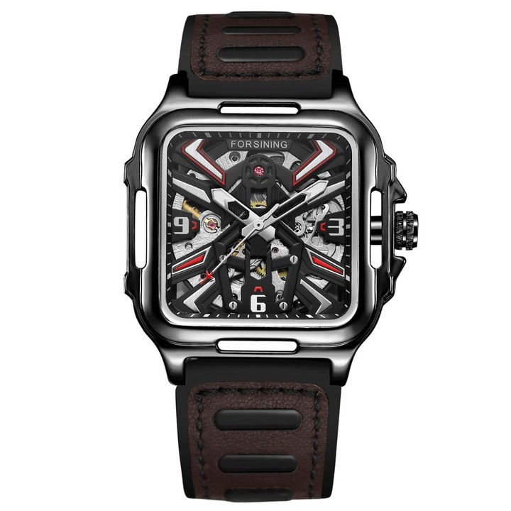 Ceas barbatesc, Forsining, skeleton, mecanism automatic-mecanic, curea din piele maro-neagra, fashion