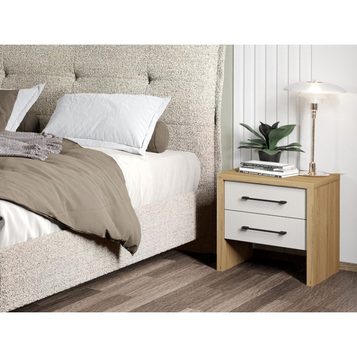 Set 2 noptiere, Axel, Hickory cu Alb, L 45,8 x A 40,6 x H 48,6 cm