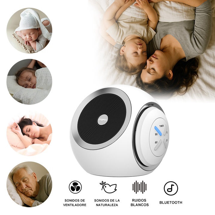 Dispozitiv Sunete Albe, iTOMA White Noise, 40 Sunete, Difuzor Bluetooth, Pentru Copii Si Adulti, Tmer, Alb